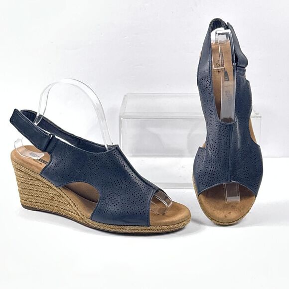 Clarks Lafley Rosen Sandals Womens 8.5 Navy Wedge Slingback Espadrille Cushion - Picture 1 of 11